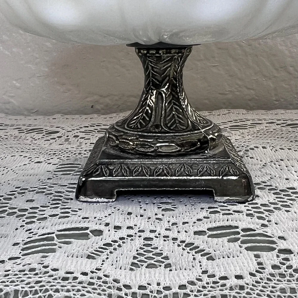 Vintage pedestal dish white glass metal footed soap trinket tray